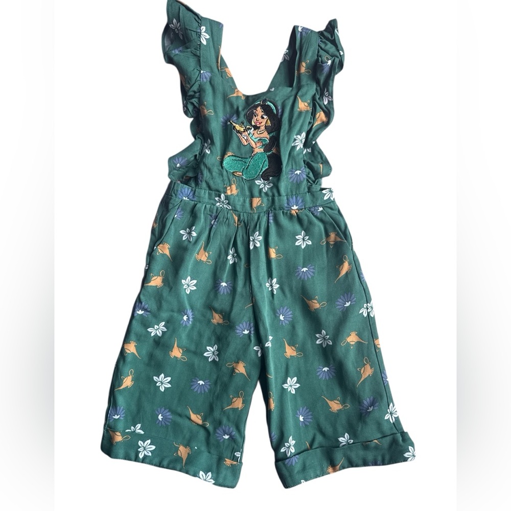 Disney Princess Jasmine Aladdin Ruffle Romper Jumpsuit Green Floral 3T